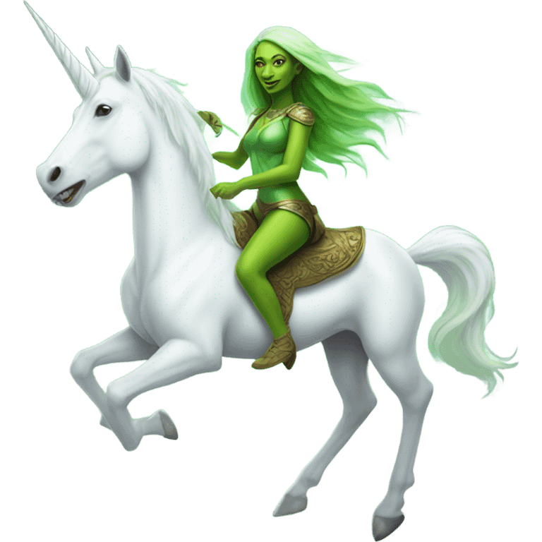 a green amazon alien woman on a white unicorn emoji