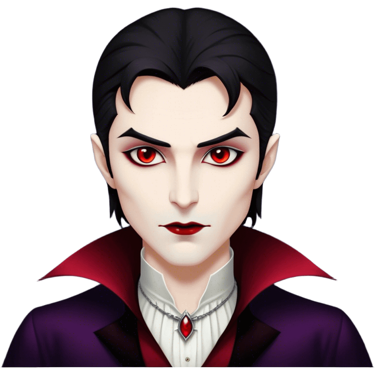 Cinematic Noble Vampire Portrait Emoji, Elegant and commanding, with a refined, pale visage framed by dark, velvet accents and a hint of crimson, exuding timeless seduction and dangerous allure, simplified yet exquisitely detailed, glowing with a soft nocturnal radiance and a subtle, mysterious outline that captures the regal spirit of an immortal lord of the night! emoji