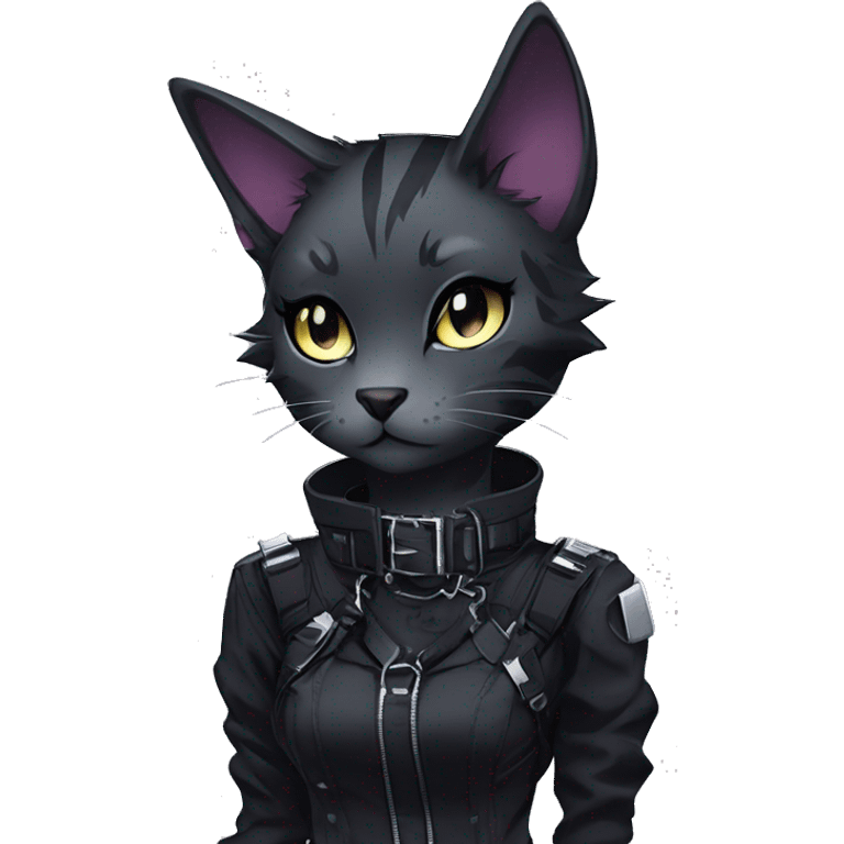 Gorgeous edgy epic futuristic punk gothic dark techwear anime style anthro cat with blushing face aesthetic and pretty edgy black with collar and harness trending style emoji