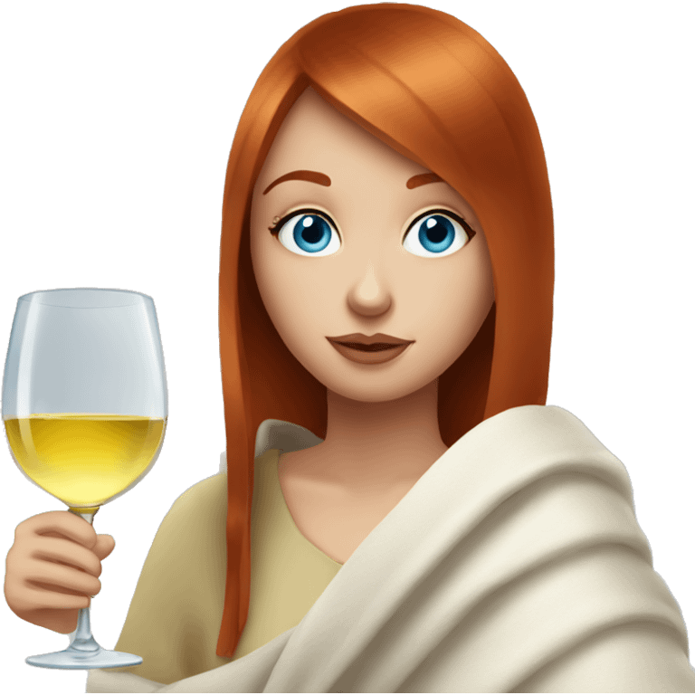 Redhead girl with straight bangs and blue eyes drink white wine under blanket emoji