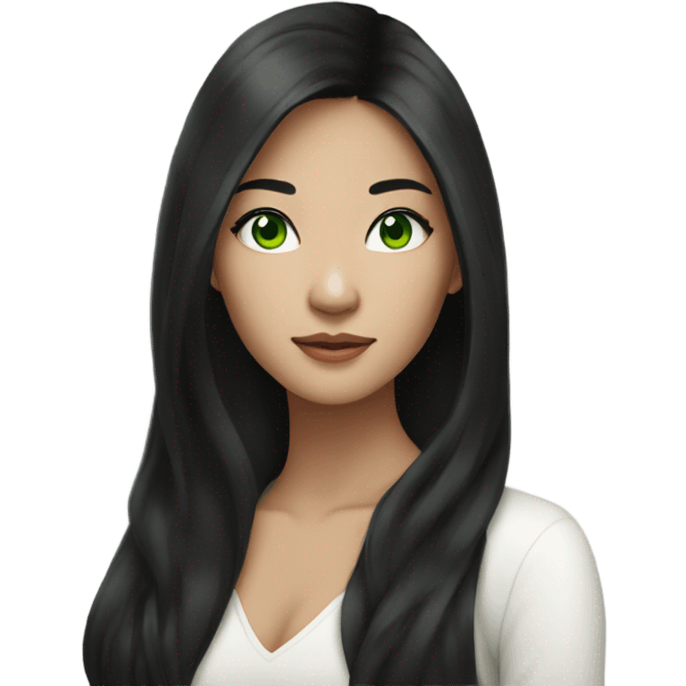 stunning asian woman black long hair, green eyes emoji