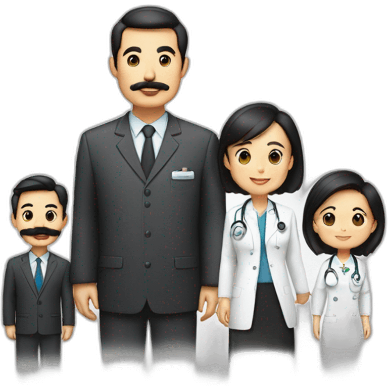 father middle age with dark brown hair and mustache and trimmed beard wearing a suit, mother asian middle age with black shoulder length hair wearing a nurse uniform emoji