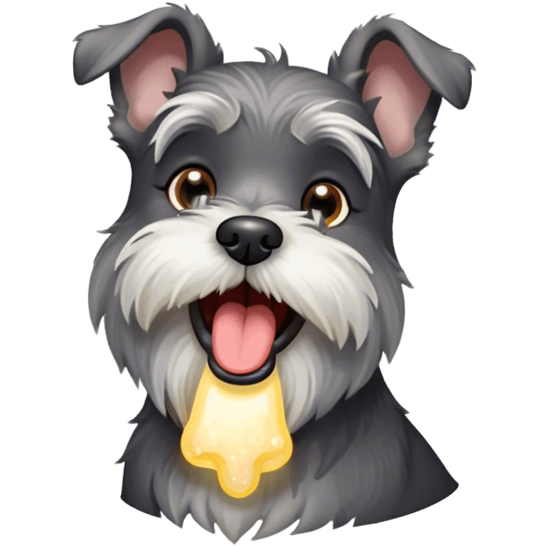 Cinematic Cute Yawning Miniature Schnauzer Portrait Emoji, Head cocked with a wide, adorable yawn and droopy, charming eyes, featuring a neatly trimmed, lovable salt-and-pepper fur, simplified yet irresistibly cute, highly detailed, glowing with a warm, relaxed radiance, high shine, exuding a sleepy yet spirited charm, styled with a soft, cozy glowing outline, capturing the essence of a Miniature Schnauzer mid-yawn, radiating pure, drowsy cuteness! emoji