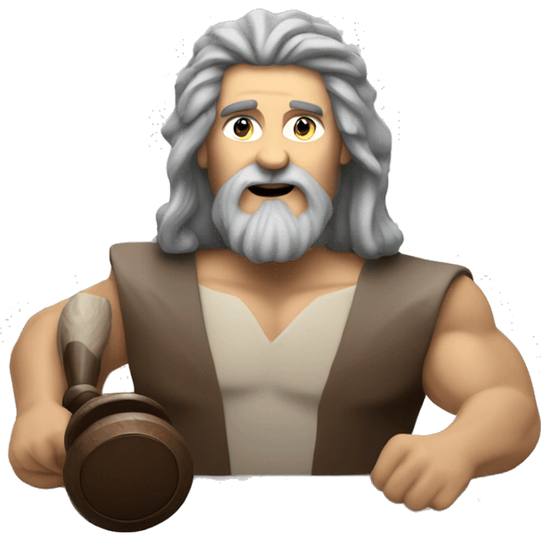  Caveman with long gray hair and a gray goatee holding a gavel and running a meeting  emoji