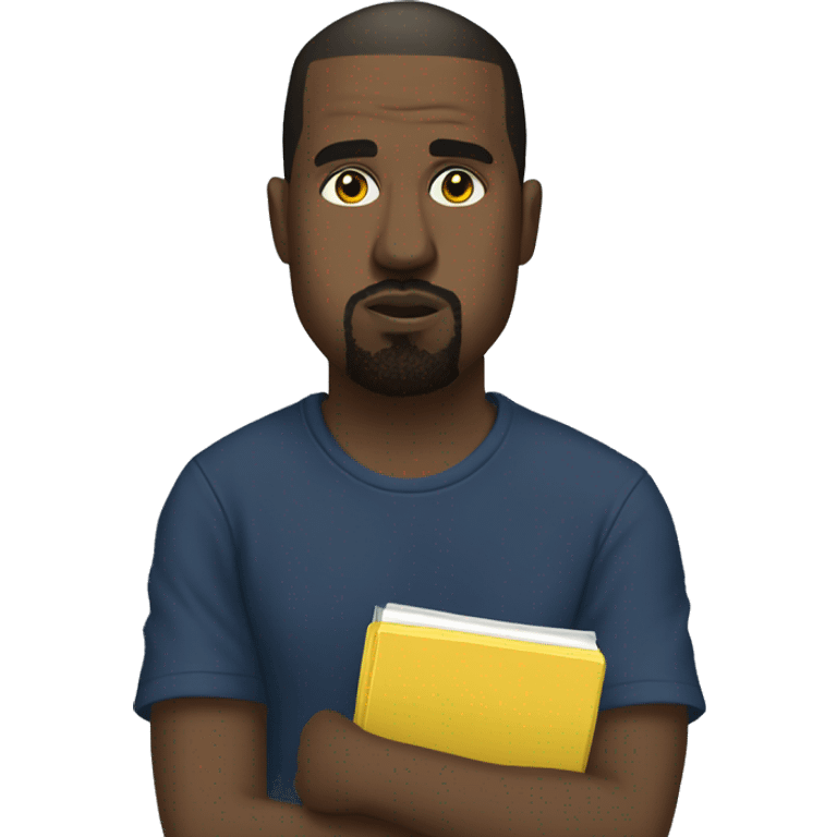 kanye west wearing a dark blue T-shirt, holding a yellow notepad emoji