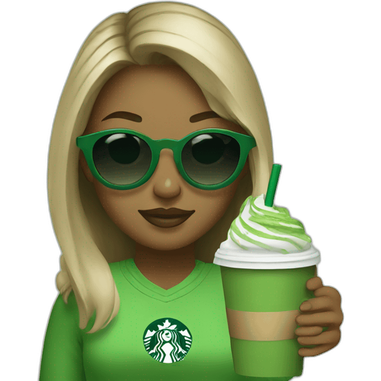 Girl wearing sunglasses drinking starbucks matcha emoji