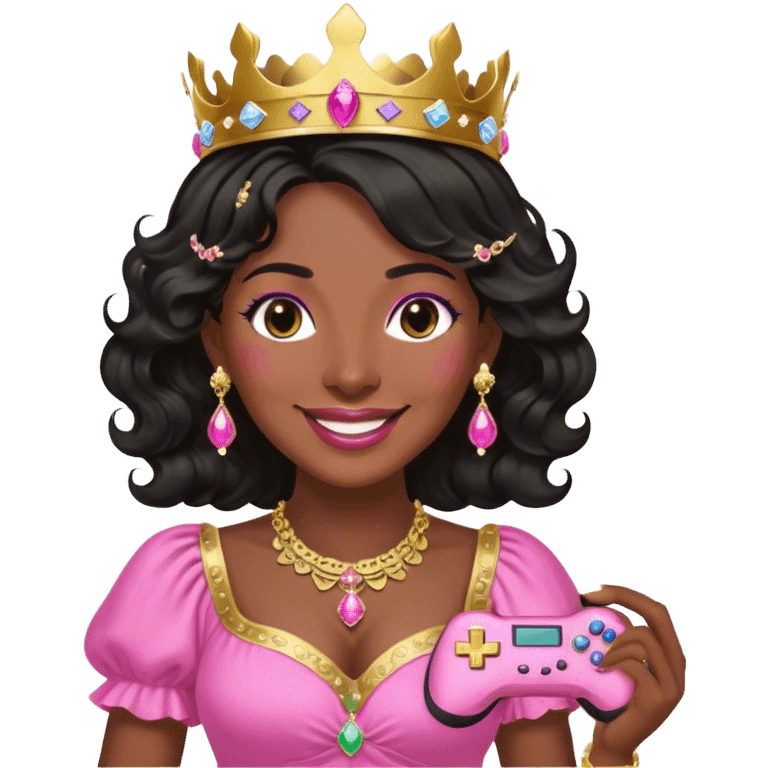 Crown dark black women smiling with really long WAVY hair pink dress pink crown facing forward black hair middle age adult woman gold gems in crown gold earrings  one woman smiling wink head only with holding game controller on side emoji