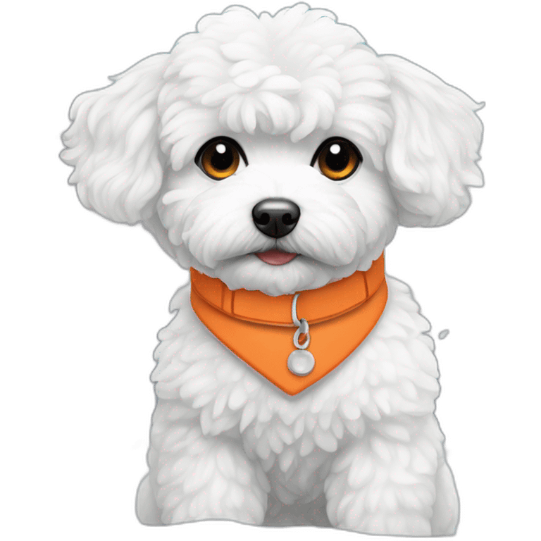 white maltipoo enjoying in the snow with orange collar emoji