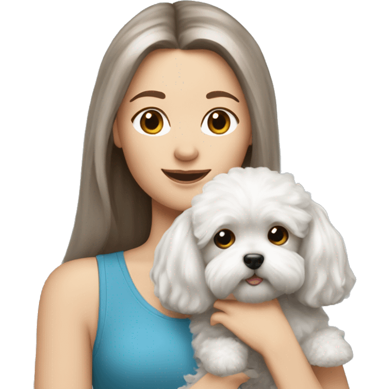 White Brunette girl long straight hair, holding a silver maltipoo emoji