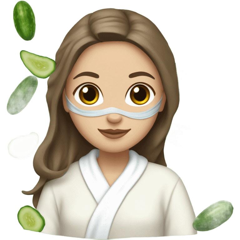 White girl with Brown hair and blue eyes wears a Green colored mask clay textured mask and puts on cucumbers around her eyes while She relaxes in her white Robe emoji