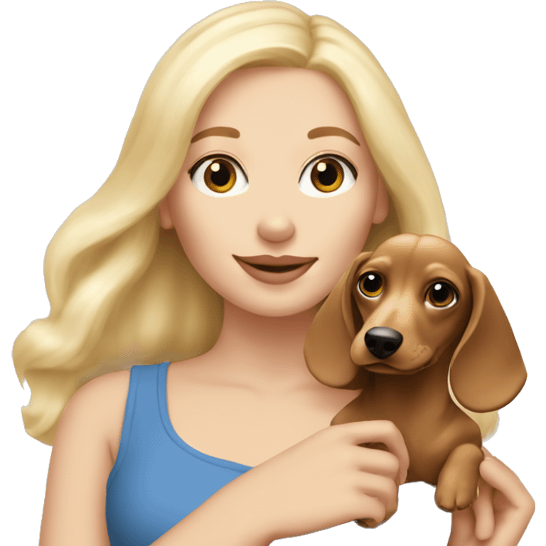 Blonde white girl holding a cream long haired dachshund  emoji