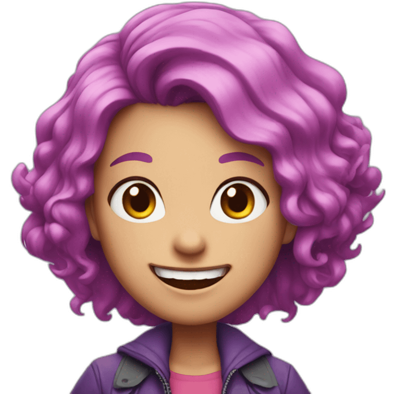 pink haired girl with purple jacket smiling with sharp teeth emoji