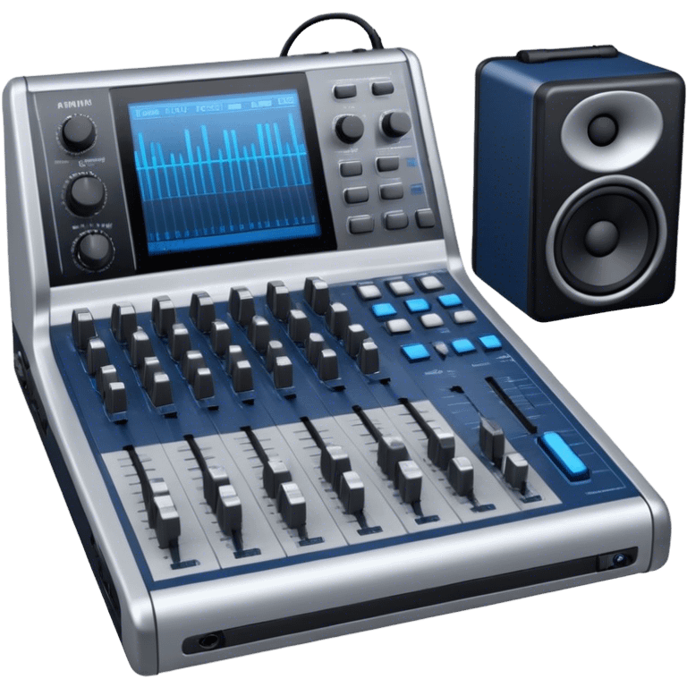 Create a professional and technical emoji that represents sound engineering. The design should feature a sound mixing console with faders, a pair of studio headphones, and audio waveforms to symbolize the precision and technicality of sound mixing and mastering. Include elements like a microphone or audio cables to reflect the recording aspect. Use colors like silver, black, and dark blue to represent the technical, yet artistic side of sound engineering. The background should be transparent. emoji