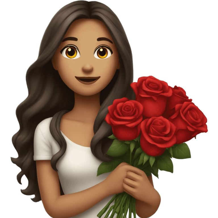 girl with beautiful long hair brunette in her hands a huge bouquet of red roses emoji