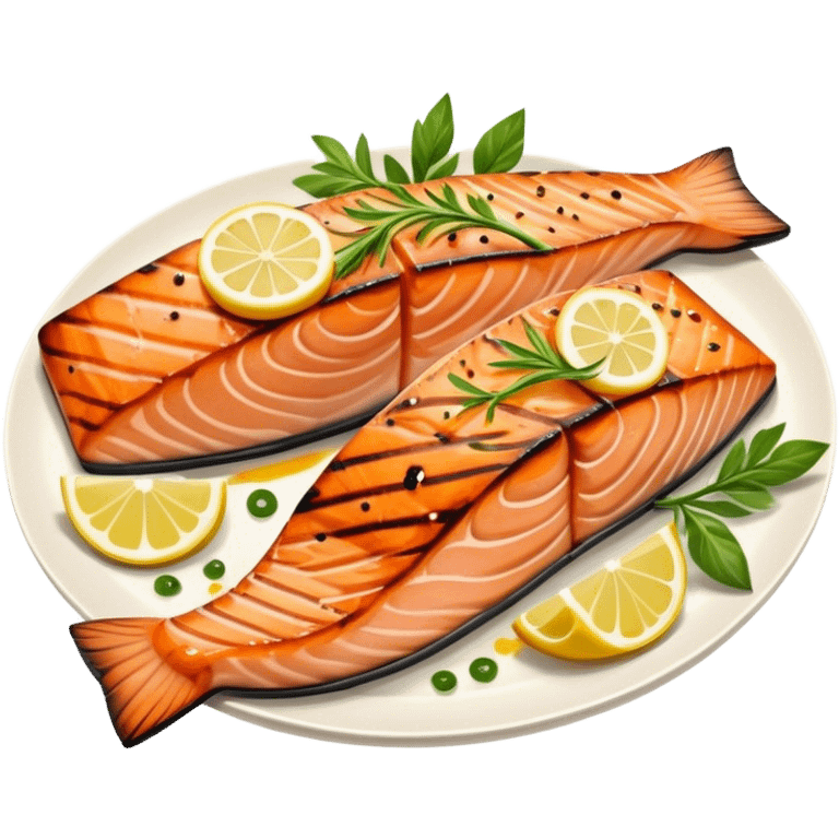 Cinematic perfectly grilled salmon, rich orange hues with crispy skin, garnished with fresh herbs, drizzled with lemon, ultra-detailed and delicious. emoji