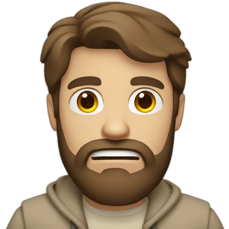 Man with brown hair with beard with beige clothes with angry face emoji