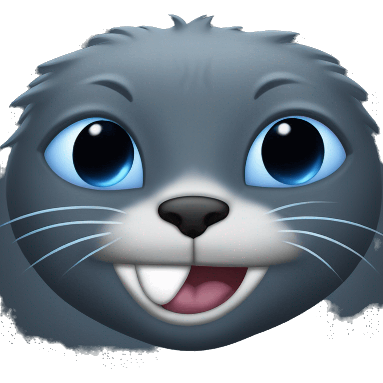 Cat in dark dark grey fur with laughing tears in its eyes , make the color blue f the eyes , also make the eears spicy emoji