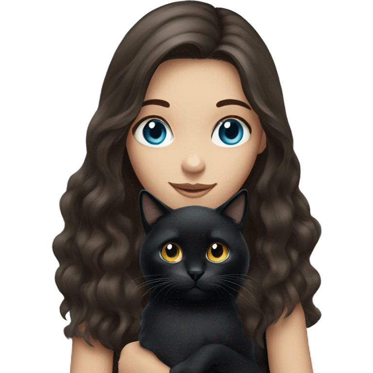 long haired brunette girl with blue eyes holding a black cat emoji