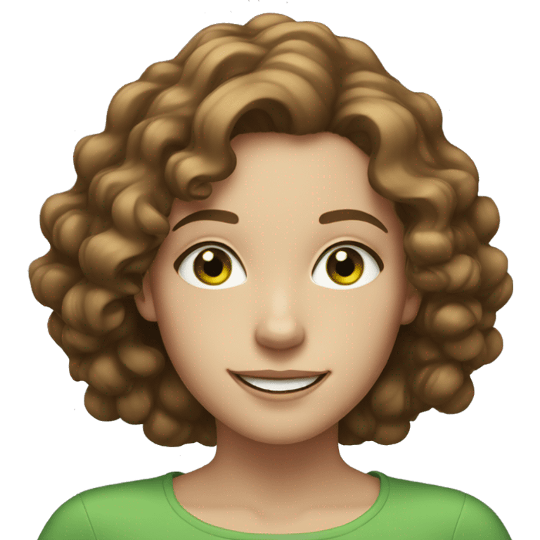 pale young woman with neck length brown curly hair, green eyes, and freckles smiling emoji