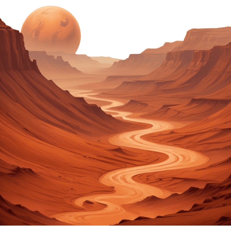 Cinematic Realistic Mars, portrayed with rugged, rust-colored landscapes, deep canyons, and swirling dust storms rendered with lifelike texture and an orange-hued glow that evokes the enigmatic allure of the Red Planet. emoji