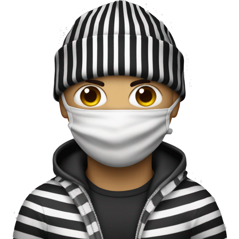 Robber with beanie and eye mask with black and white stripes, carrying a bag with a money symbol emoji