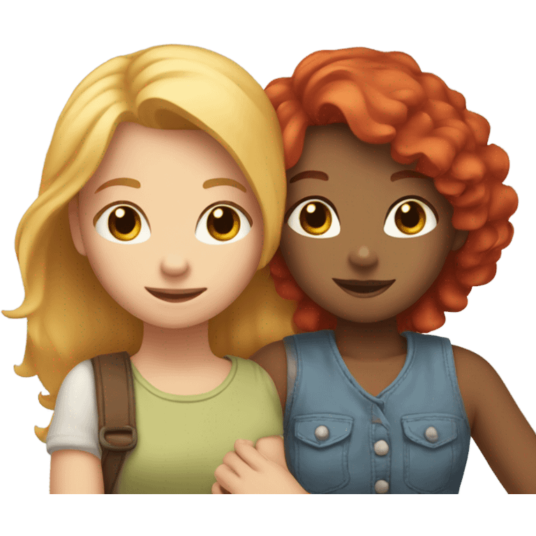 Girl with red hair cuddled next to blonde haired girl and they’re holding hands emoji