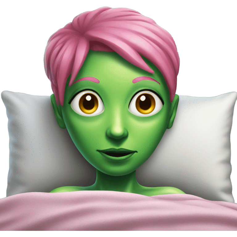 a green alien woman pink air, laying on the bed emoji