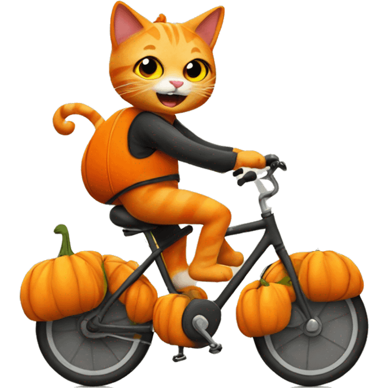 a orange cat wearing a pumpkin suit riding a bike emoji