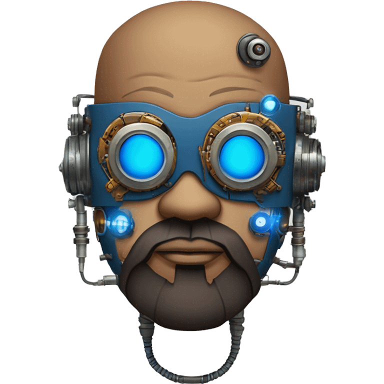 Bearded Fat bald cyborg head with brown skin, blue steampunk goggles and circuits emoji