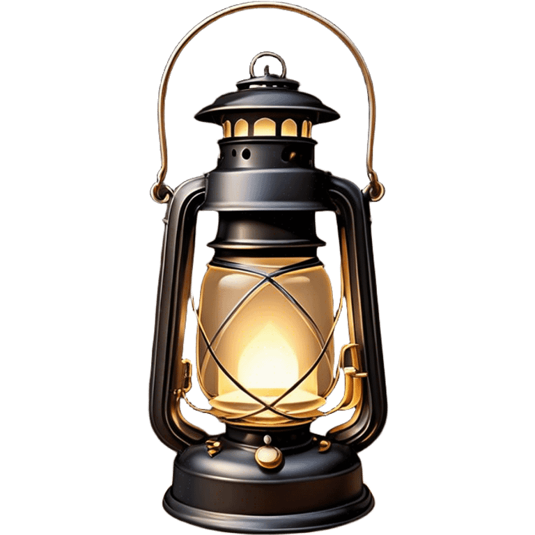 Cinematic Realistic Lantern, an old-fashioned glass lantern with a warm flickering glow, delicate details on the metal handle, softly illuminating the surrounding darkness, glowing with a comforting and nostalgic charm. emoji