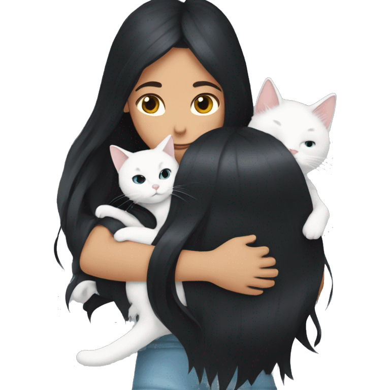 girl with very long black hair and  hugging a white cat emoji