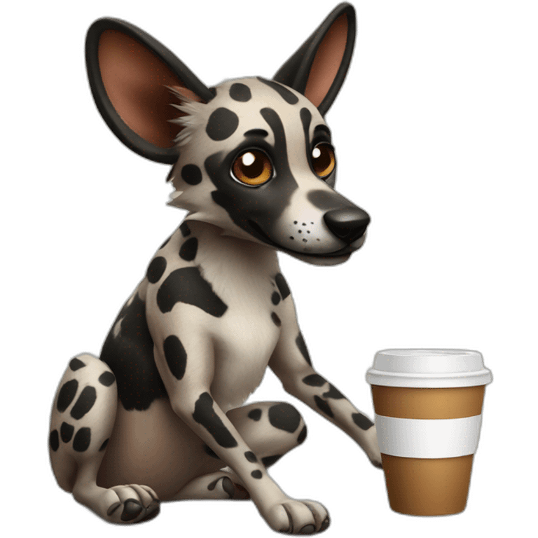 African wild dog holding a coffee emoji