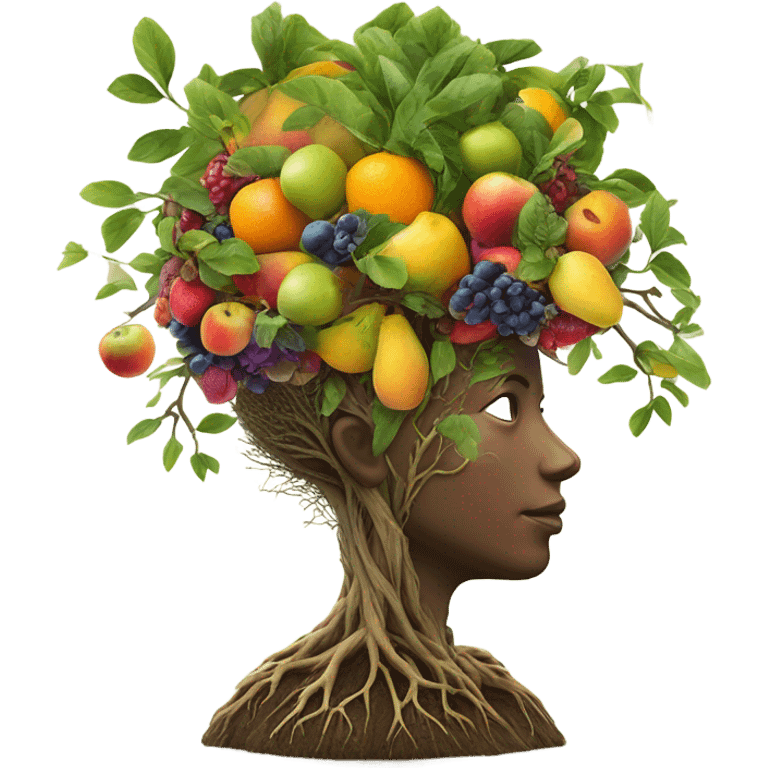 realistic face with a brain growing a tree with fruit emoji