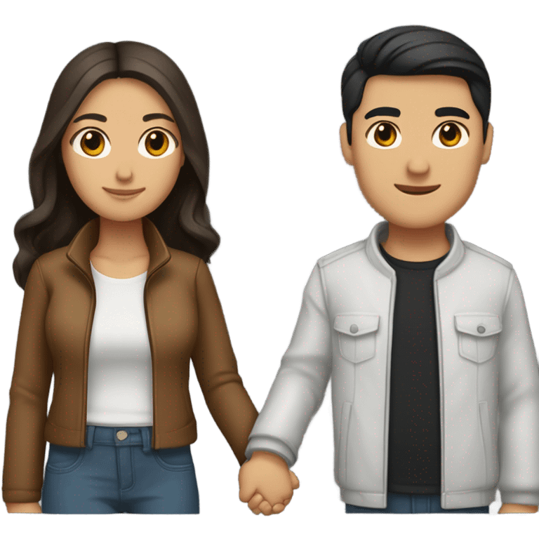 a couple holding hands. the guy has black middle part hair and is Persian and Filipino mix, wearing a jacket. the girl has brown hair white and asian mix, wearing a crop top. emoji