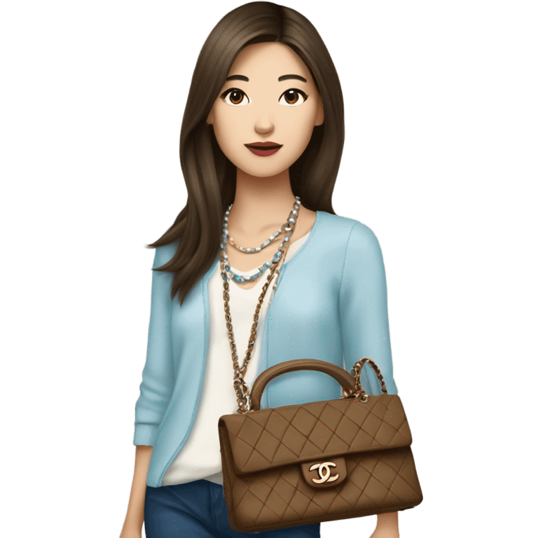 Realistic brown hair blue eyes Chanel Asian Girl with Birkin bag and Chanel necklace emoji