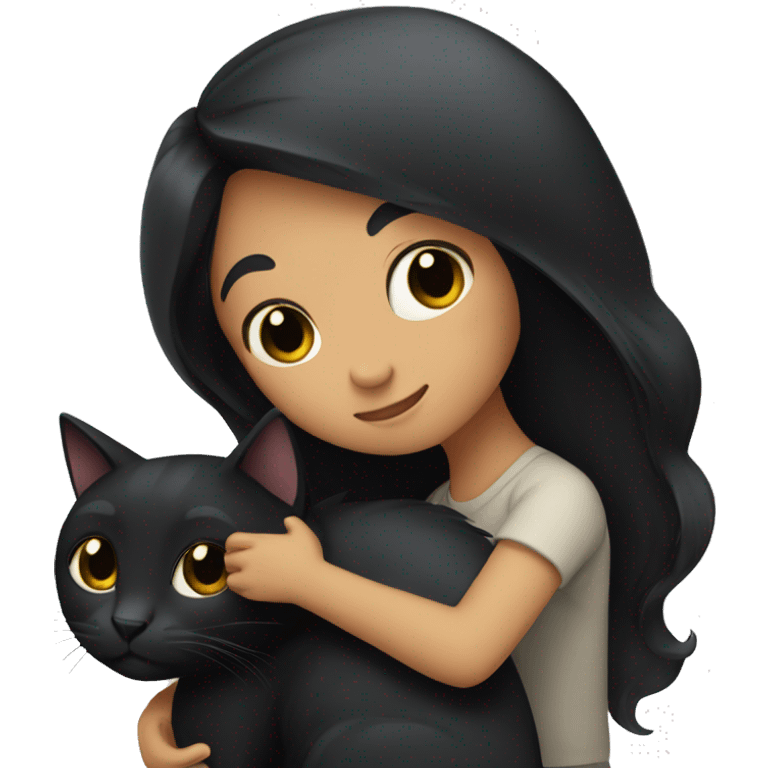 Girl with long black hair hugging a black cat  emoji