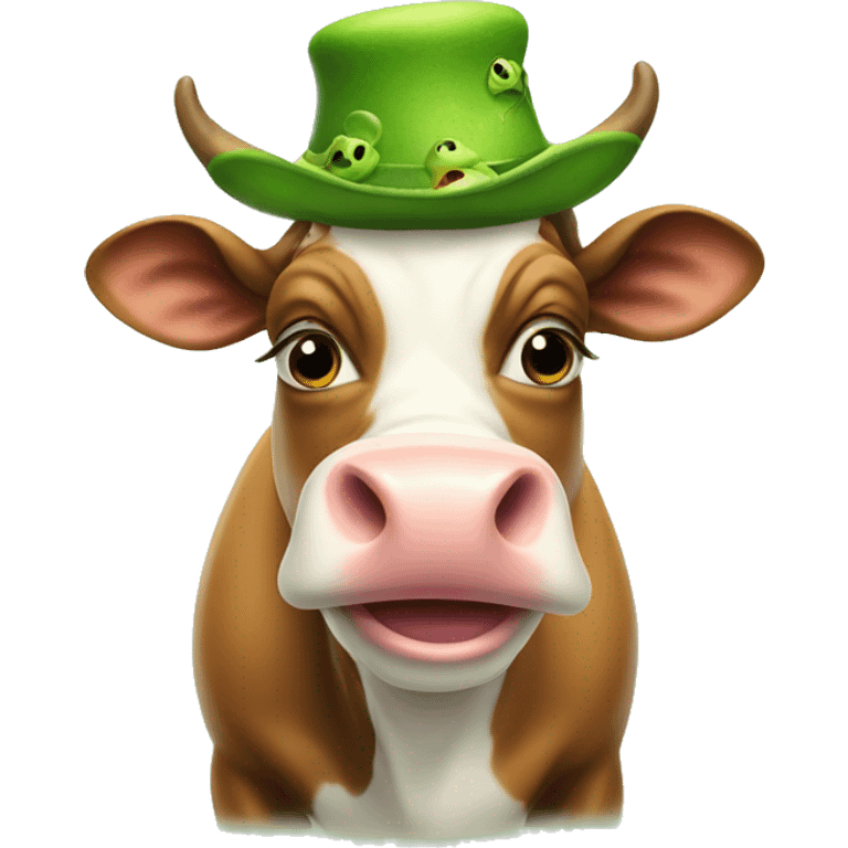 A cow wearing a frog hat sticking its tongue out emoji