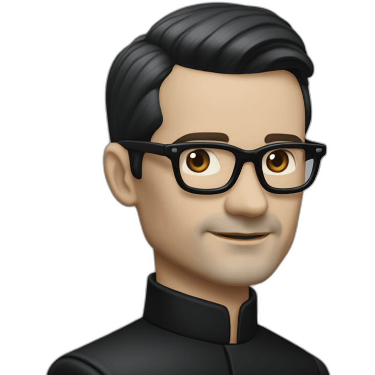 small photo realistic Ralf Hutter from Kraftwerk, short straight black hair, Dark Brown eyes, black glasses, thin, black shirt, side view, waving, riding open top black tesla emoji