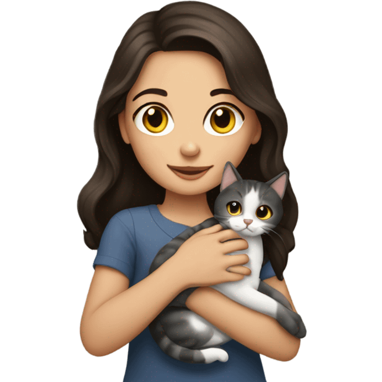 portrait of a beautiful brunette girl holding a cat emoji