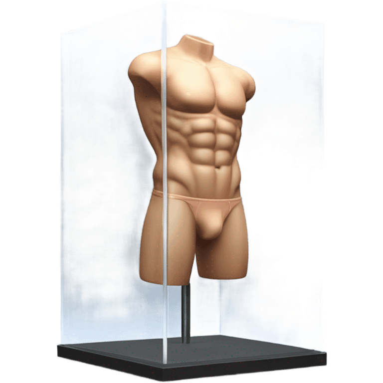 male mannequin abs cubes inside a glass cube on a stand isometric view emoji