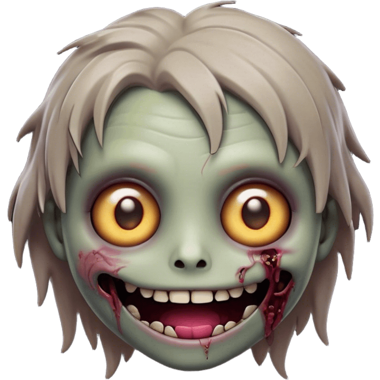 Cinematic Cute Zombie Portrait Emoji, with a delightfully quirky, slightly disheveled face in muted ashen hues, featuring quirky bright eyes and a playful, stitched-together smile, simplified yet irresistibly charming, highly detailed with a soft glowing outline that captures the adorable, offbeat spirit of a zombie who’s more cute than creepy! emoji