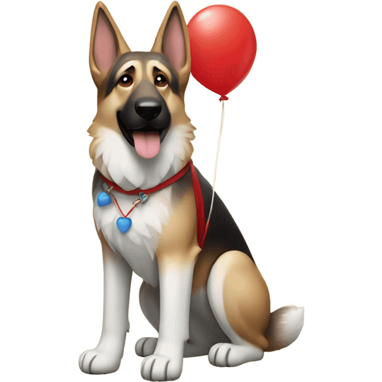 white and brown german shepherd with a red coat and blue shoes on holding a balloon emoji