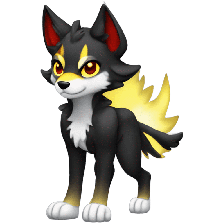 Anthro black Shiny Fionbri-Falvie-sparkle-wolf-sona with yellow eyes, red edgy markings full body emoji