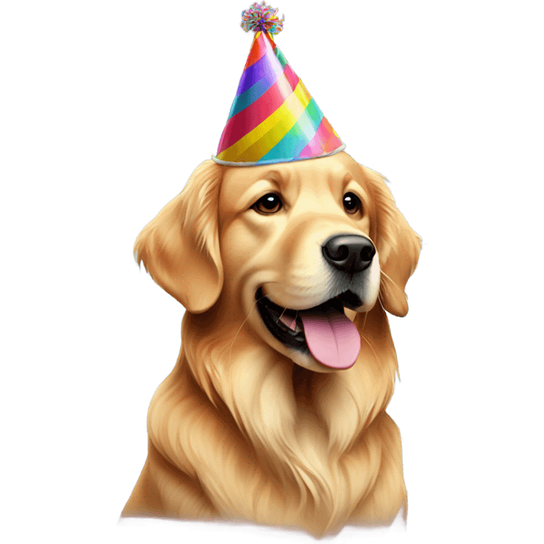 Golden retriever wearing birthday hat emoji