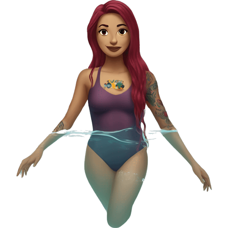 Beautiful tattooed  burgundy long haired woman swimming in a pool emoji