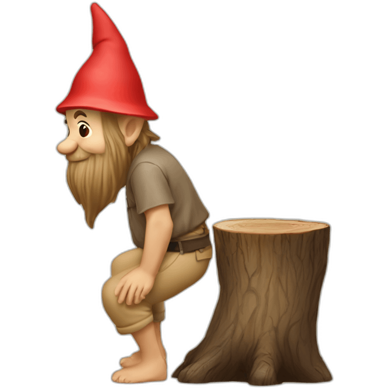 side view of gnome with light tan pants squatting on top of small brown log emoji