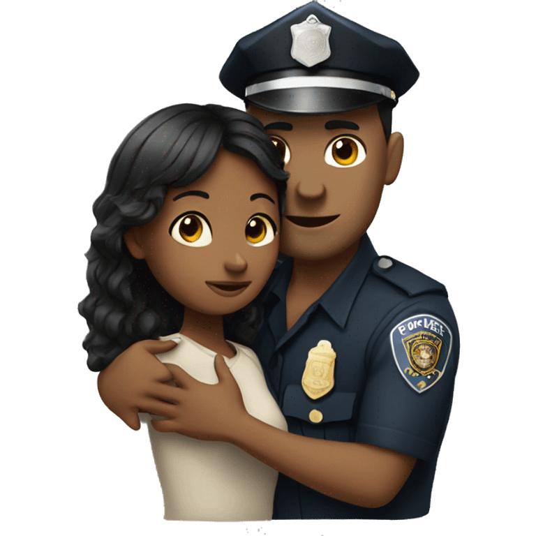 Black hair Woman with fringe hugging to a police officer emoji