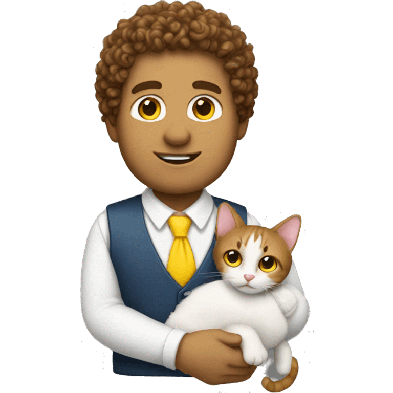 Brown Curly headed white man holding a cat wearing a yellow tie emoji