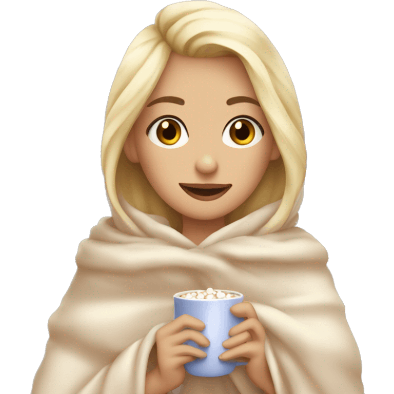 pretty blonde girl wrapped in big blanket drinking hot chocolate with marshmallows  emoji