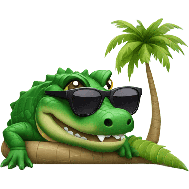 alligator with sunglasses under a palm tree by the ocean emoji